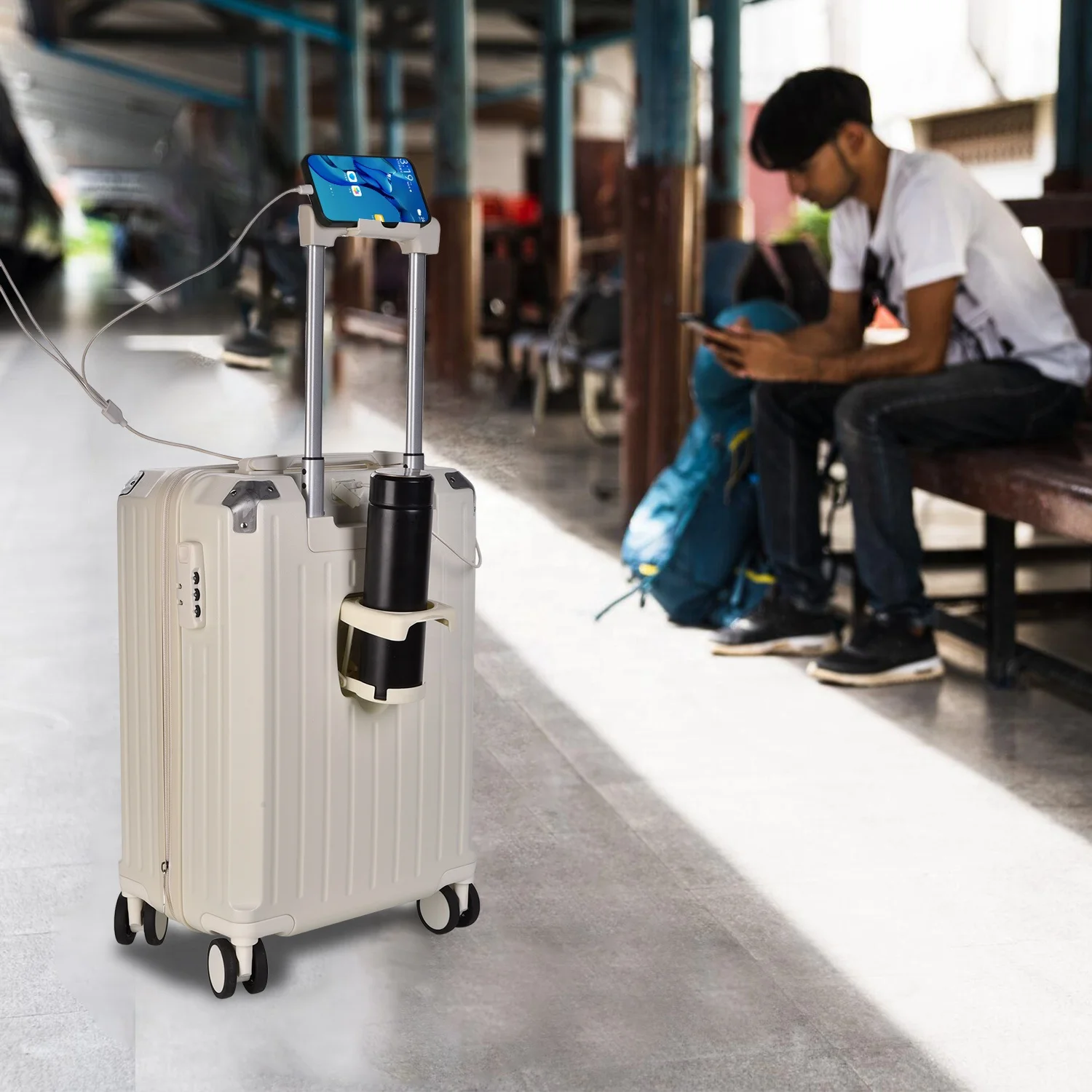 20 24 26 Carry On Bag Travel Suitcase Set charging port,Multifunctional Luggage with Cup Holder Trolley Case with mobile stand