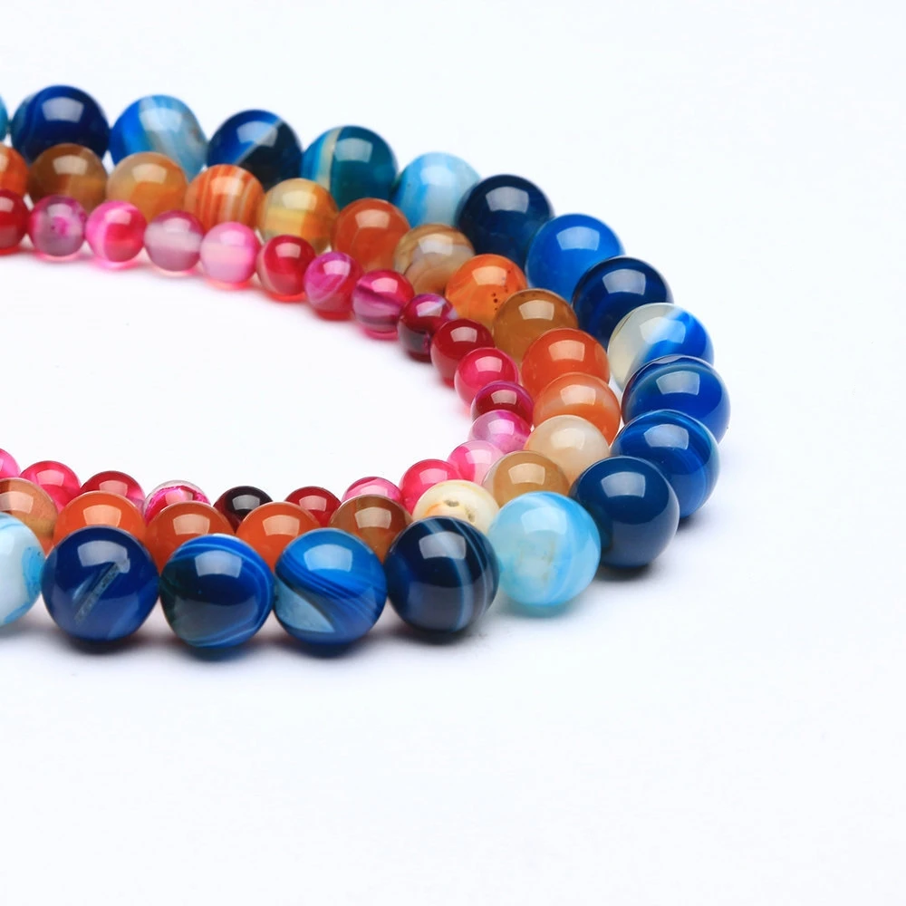 Natural Agate Stone Round 14mm Beads Assorted Mix Green Orange Blue Yellow Purple Black Red Stripe Agate for Jewelry Making