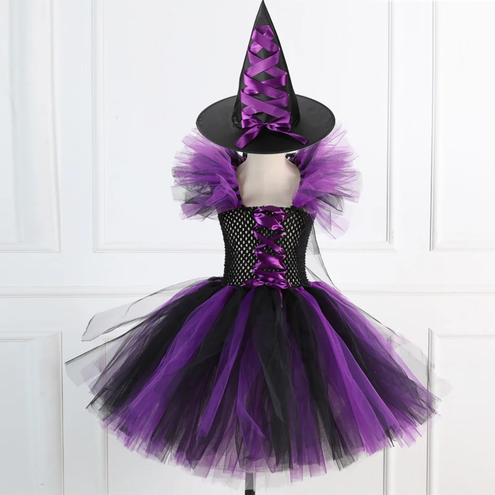 Wholesale Halloween Girls Witch Costumes Fancy Dress Up Kids Purple Black Tutu Dress Party Carnival  Outfit with Hat