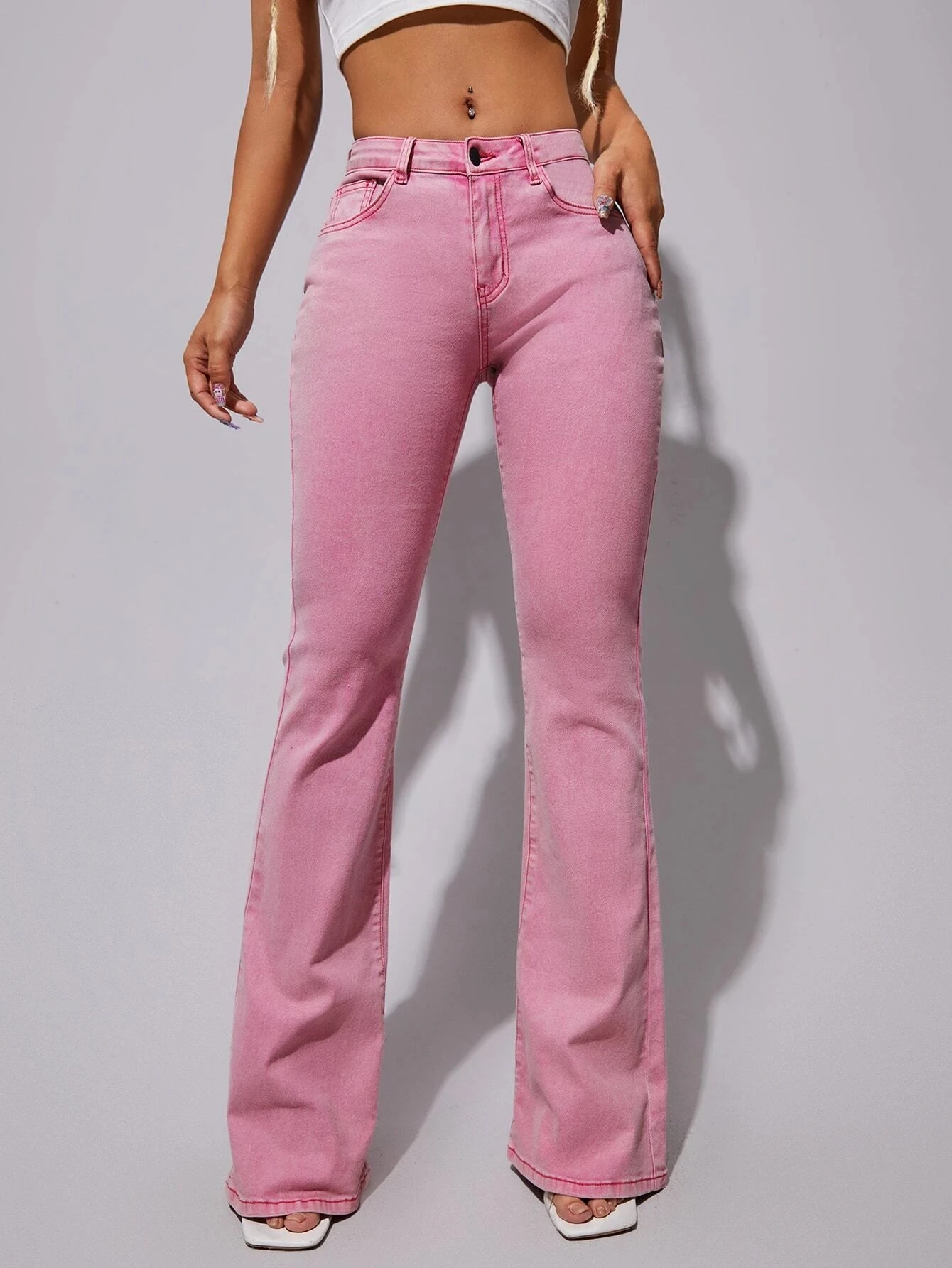 New Fashion Pink twill Garment dye jeans high Waist big Flare denim Jeans Long leg pink pants  For Women