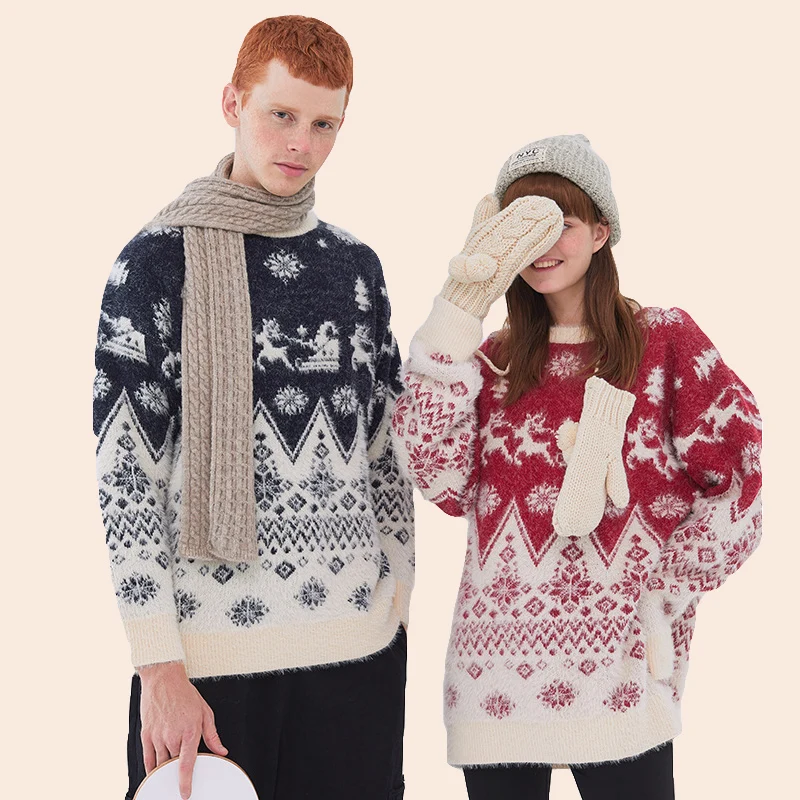 Christmas 2022 Outfits Cable Knit Unisex Sweater Cartoon Print Clothes Couple Casual Pullover Christmas Sweater