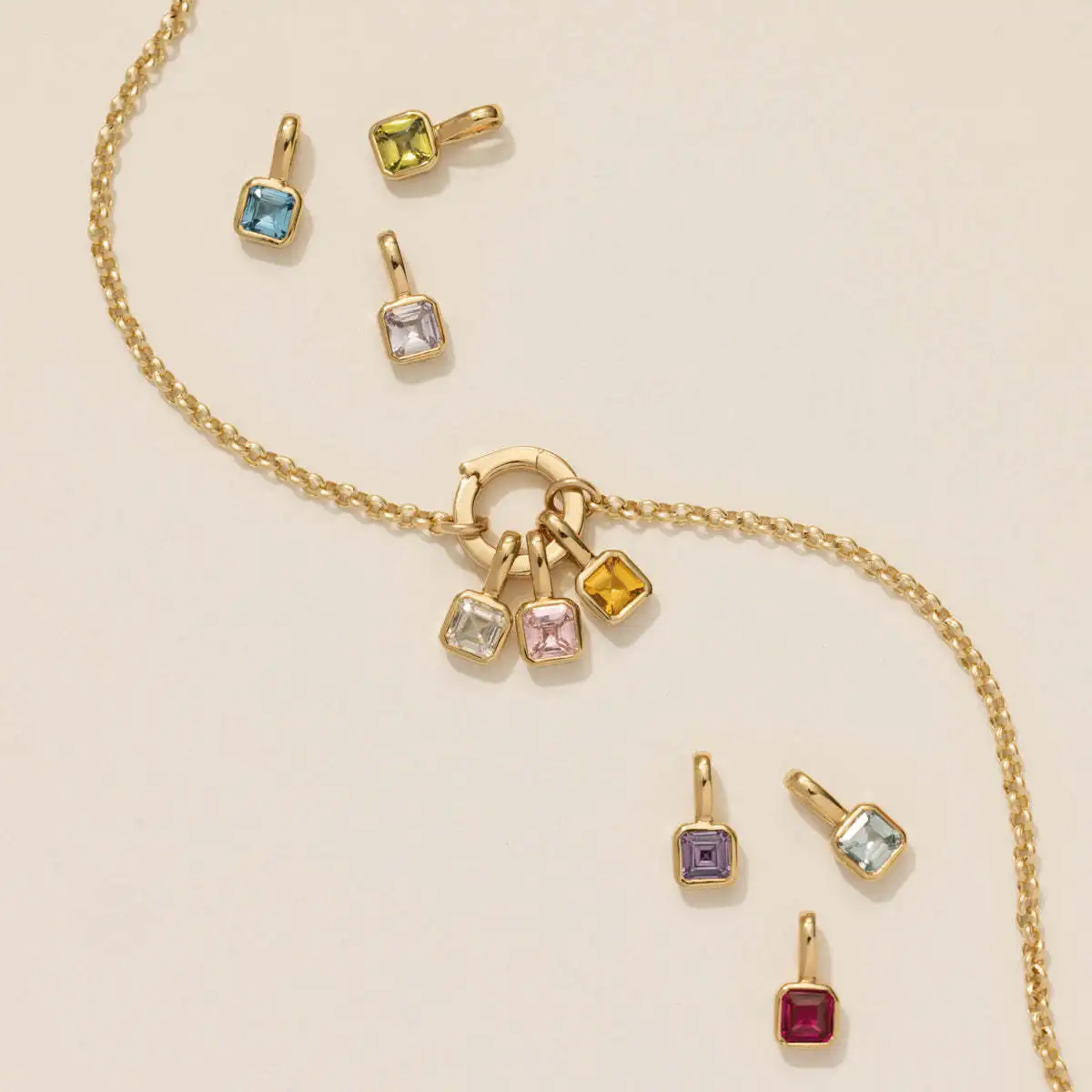 DIY Stainless Steel Necklace Colorful Square Red Cubic Zircon CZ Stone Birthstone Charms Necklace Jewelry