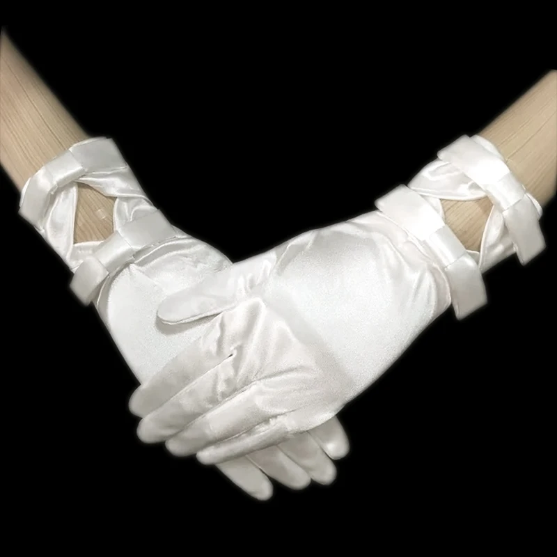 
bridal shower Hollowing out Two bows Glossy Elastic satin wedding gloves 