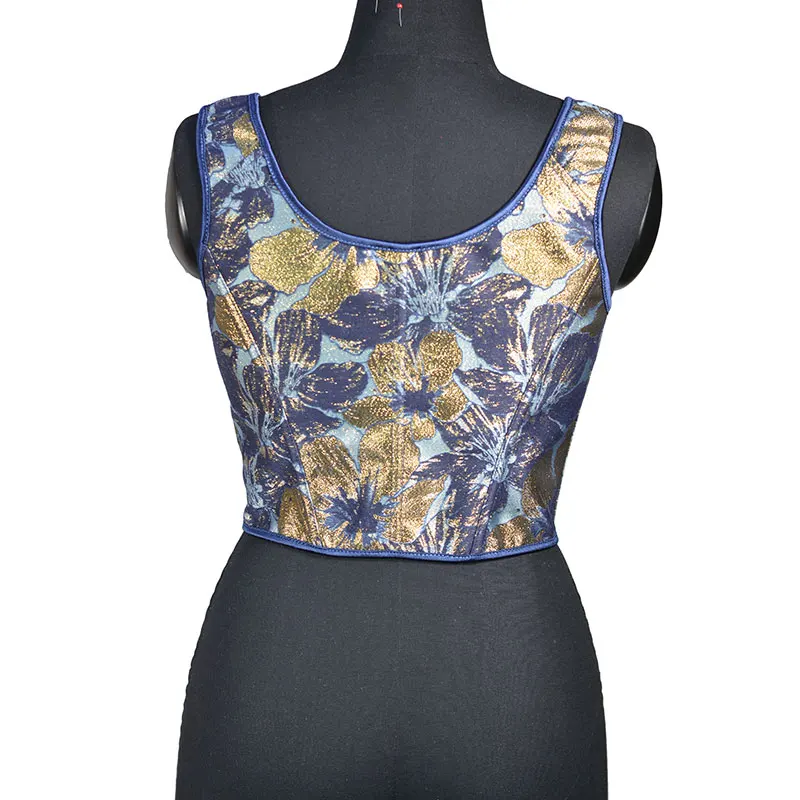Blue Gold Flower Bustier Half Breast Fishbone Corset Front Strap U Collar Leaf Print Vest Woman Vintage Chest Wrap Court Corset