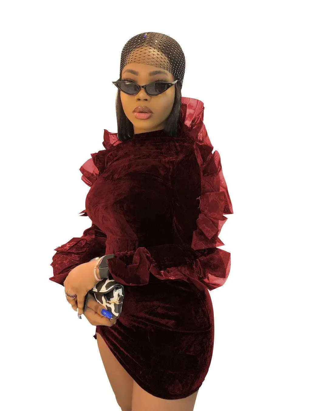 RX  2021 fall o-neck lace mini dress long sleeve black dress velvet women bodycon dresses