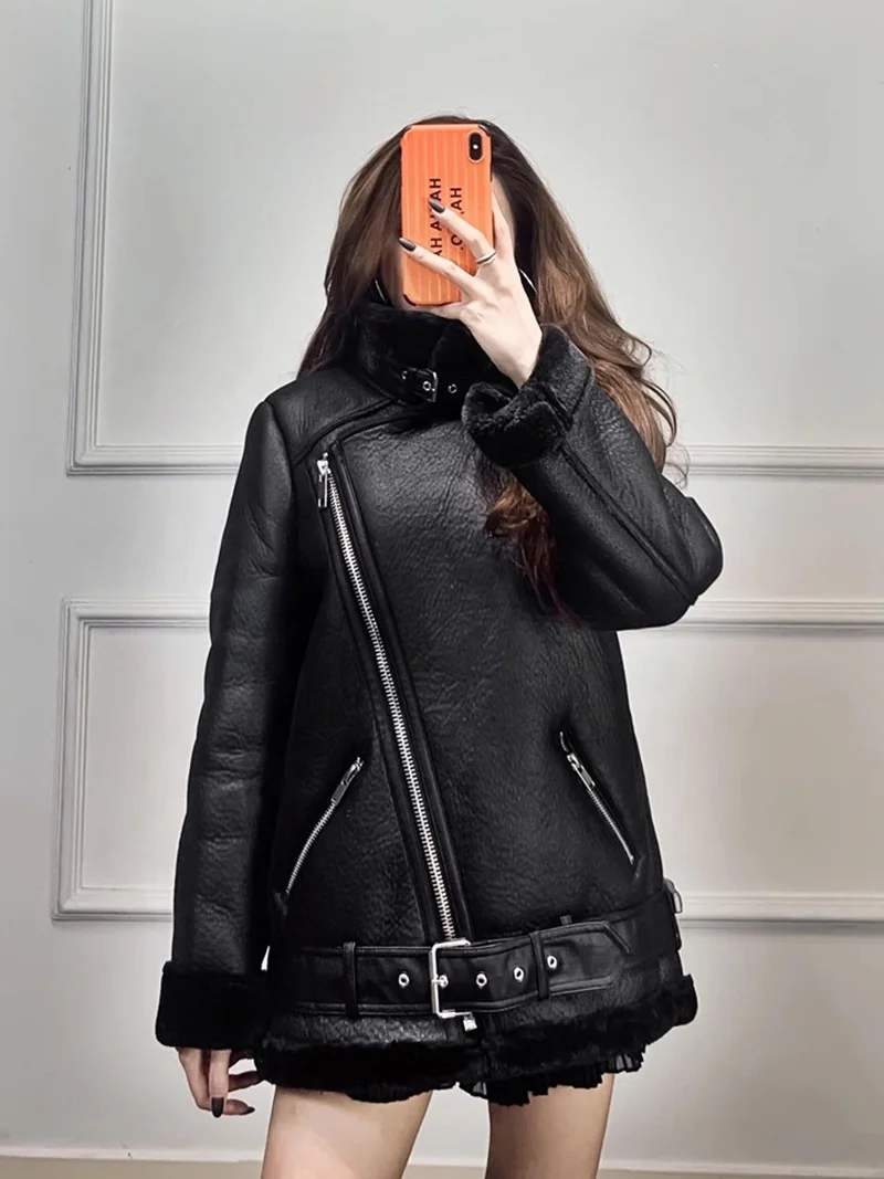 Women beige fur faux leather jacket coat with belt turn down collar Short Winter Jacket Women Thick Warm Oversized Coat