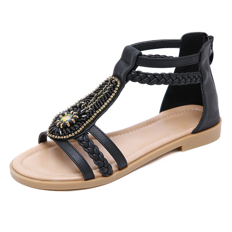 Fashion design ladies Bohemian style retro Beaded Zipper Rhinestone flats Sandals women sandals wholesale women casual sandals