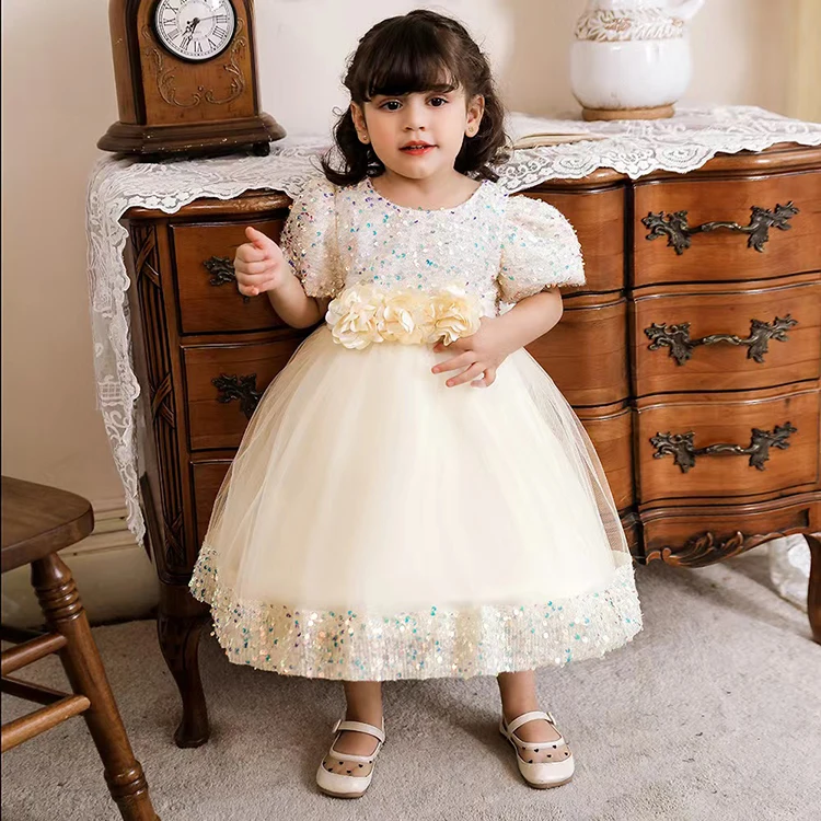 Baby Girl Birthday Party Dress Short Sleeve Sequined Tutu Skirt Christening Dresses
