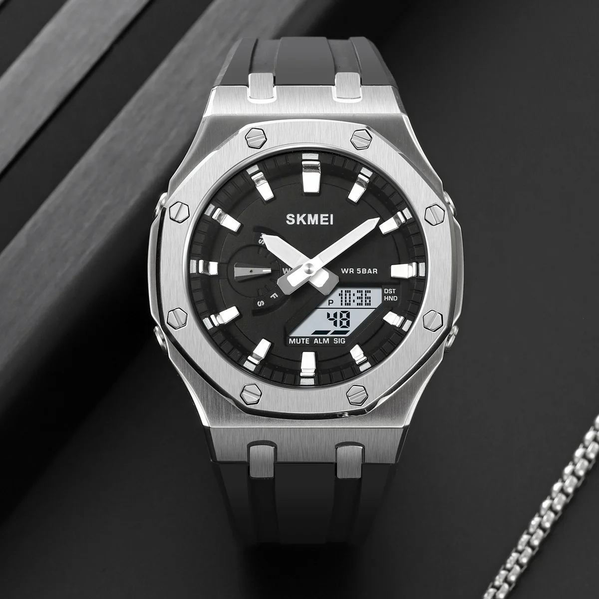 Skmei 2243 Sport Analog Quartz Watch for Men Waterproof Alloy Dual Display New Style Round Case Silver Band with Alarm Feature