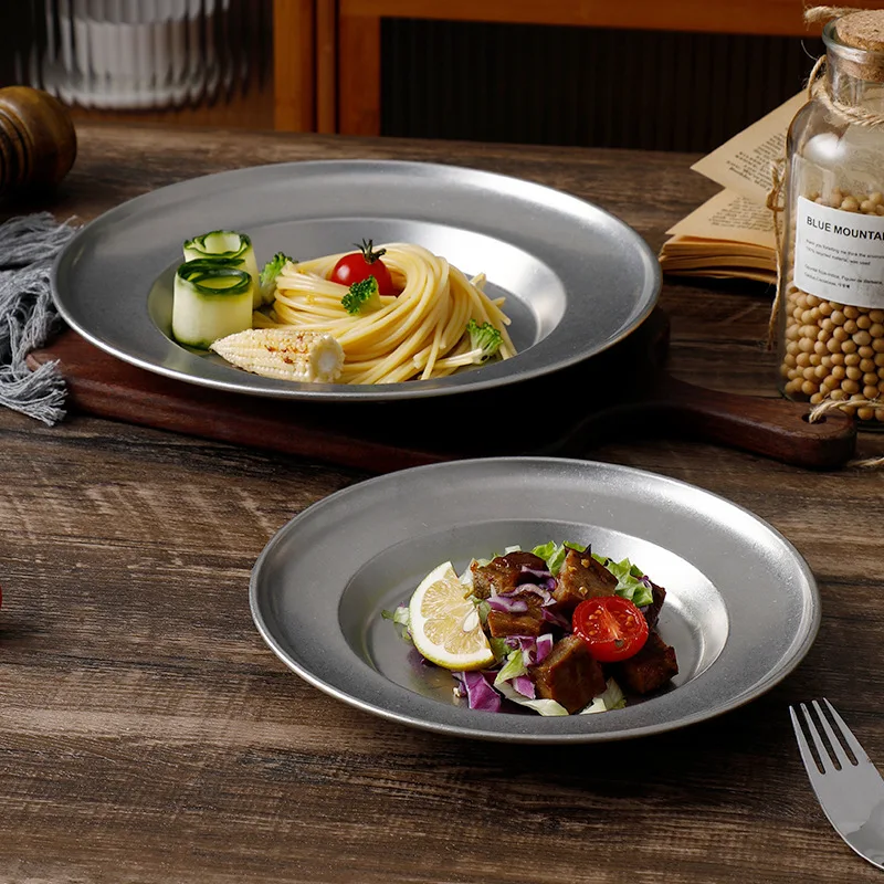 Vintage Style silver tray stainless steel round plate dish metal serving tray