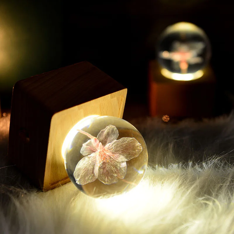 Crystal Ball Wooden Base Design Music Box With LED Night Light For Birthday Valentine Christmas New Year Gift
