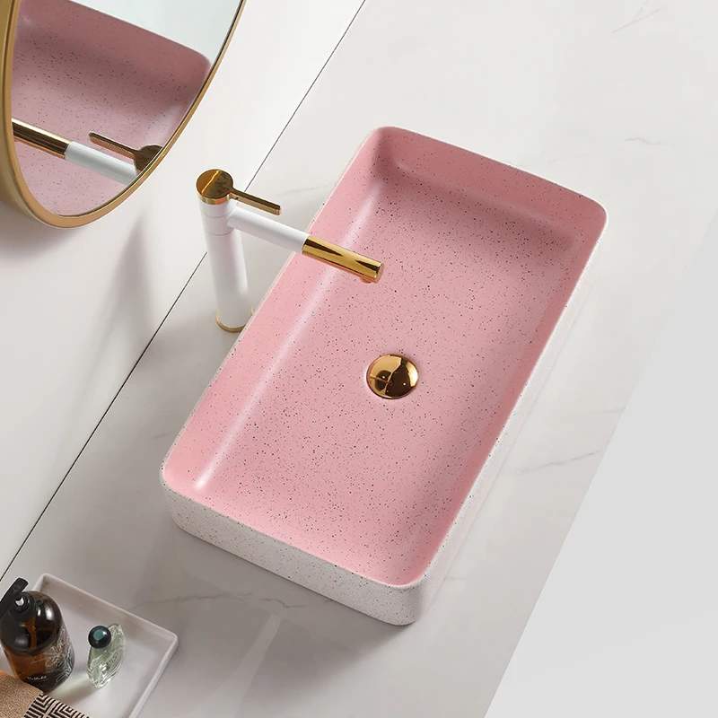 Novel Design Above Counter Art Basin Lavamanos Modern Ceramic Bathroom Sink Pink Table Top Wash Basin