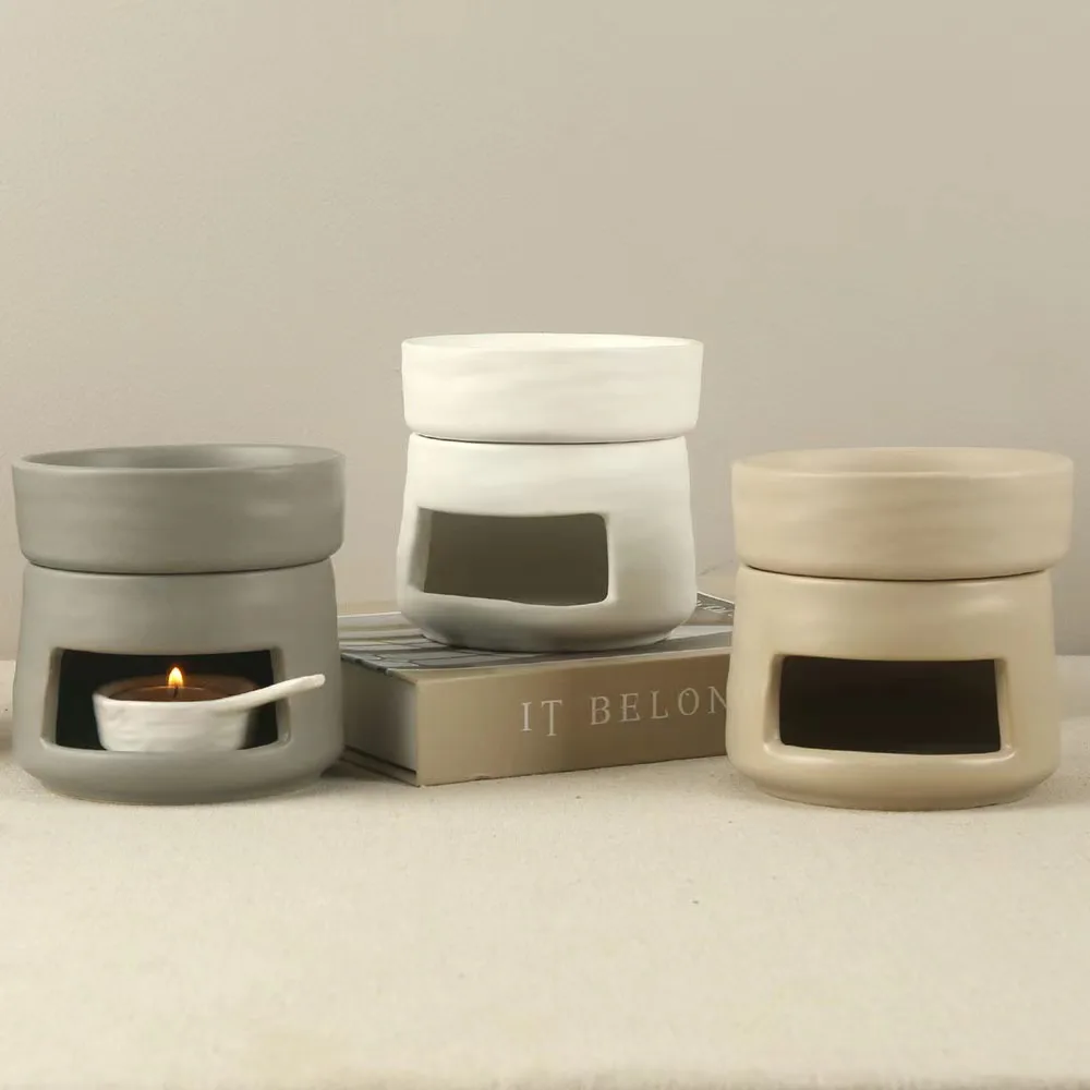 Wholesale Custom Round shape White Tea light Ceramic Wax Burner with Dish Incense burner Ceramic oil burners