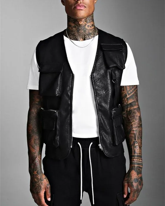 Универсальные мужские жилеты высокого качества, оптовая продажа модных тактических кожаных мотоциклетных жилетов с несколькими карманами для мужчин