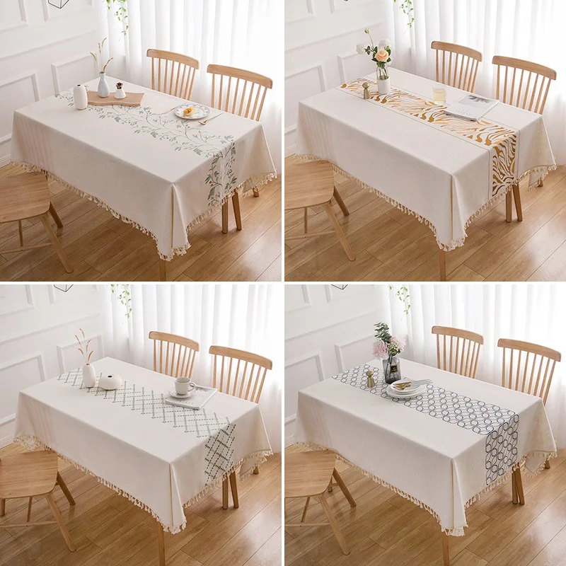 Beautiful Modern table cloths faux cotton linen wholesale leaves Embroidered table cover waterproof linen tablecloth with tassel