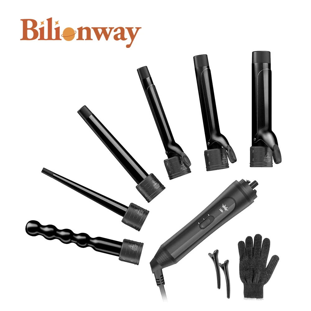 Private label professional wavy ceramic interchangeable flat rotating curling iron portable 6 in 1 hair curler set