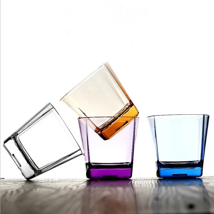 Promotional crystal cut whiskey glass machine made etched whiskey glass ice whiskey glass with color base