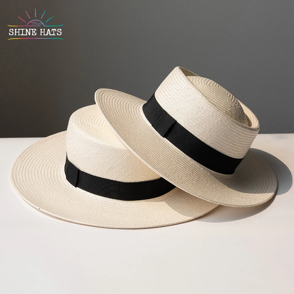 2024 OEM classic pork pie boater paper straw hat white women ladies unisex summer sun white straw hat with black band