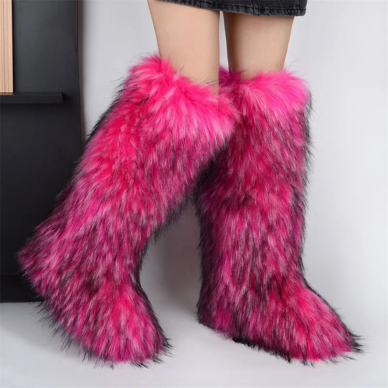 2024 Mongolian Women Boots Furry Colorful Winter Shoes Girls Warm Flat Casual Non-slip Footwear Faux Fur Snow Boots