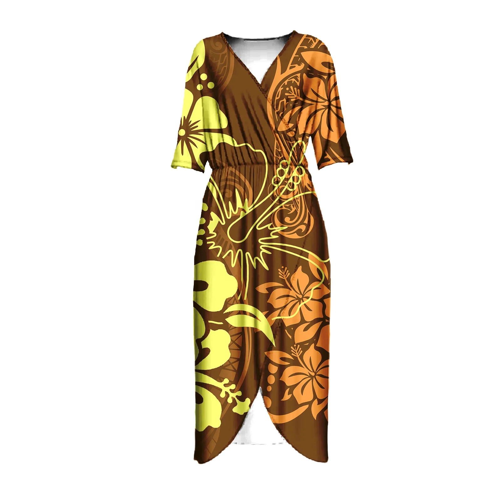 Wholesale 2024 Polyneisan Samoan Tribal Designs Women Shirt Dress Loose Daily Wear Dress Short Sleeve Midi Dress V Neck