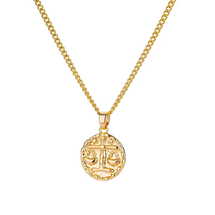 Fashion Trendy Jewelry Gold Plated Stainless Steel Round Coin Embossed Pendant Fine Zodiac Sign Charms Necklace for Women