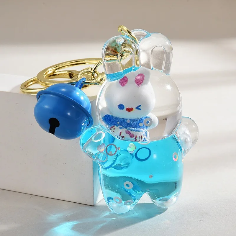 custom promotional cute car kawa Liquid filled little rabbit milk tea cup acrylic oil quicksand keychain key chains keychains