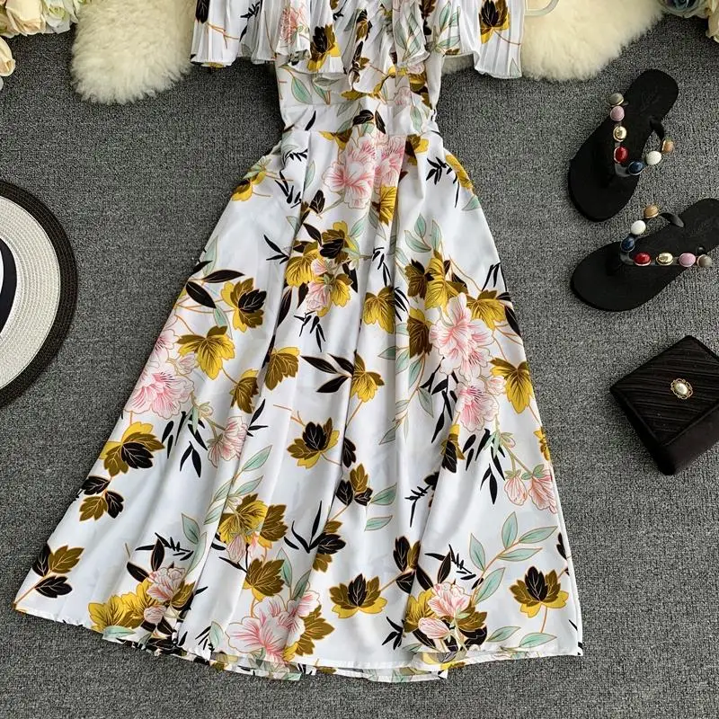 YP Ruffle Vintage Floral Print Summer Off Shoulder Midi Long Dress Party Women Casual Spaghetti Strap Beach Holiday Vestidos