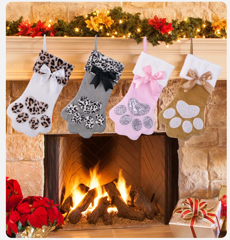 Custom Sublimation Xmas Felt Socks Ornaments Christmas Stocking Cat Paw Applique Gift Bag