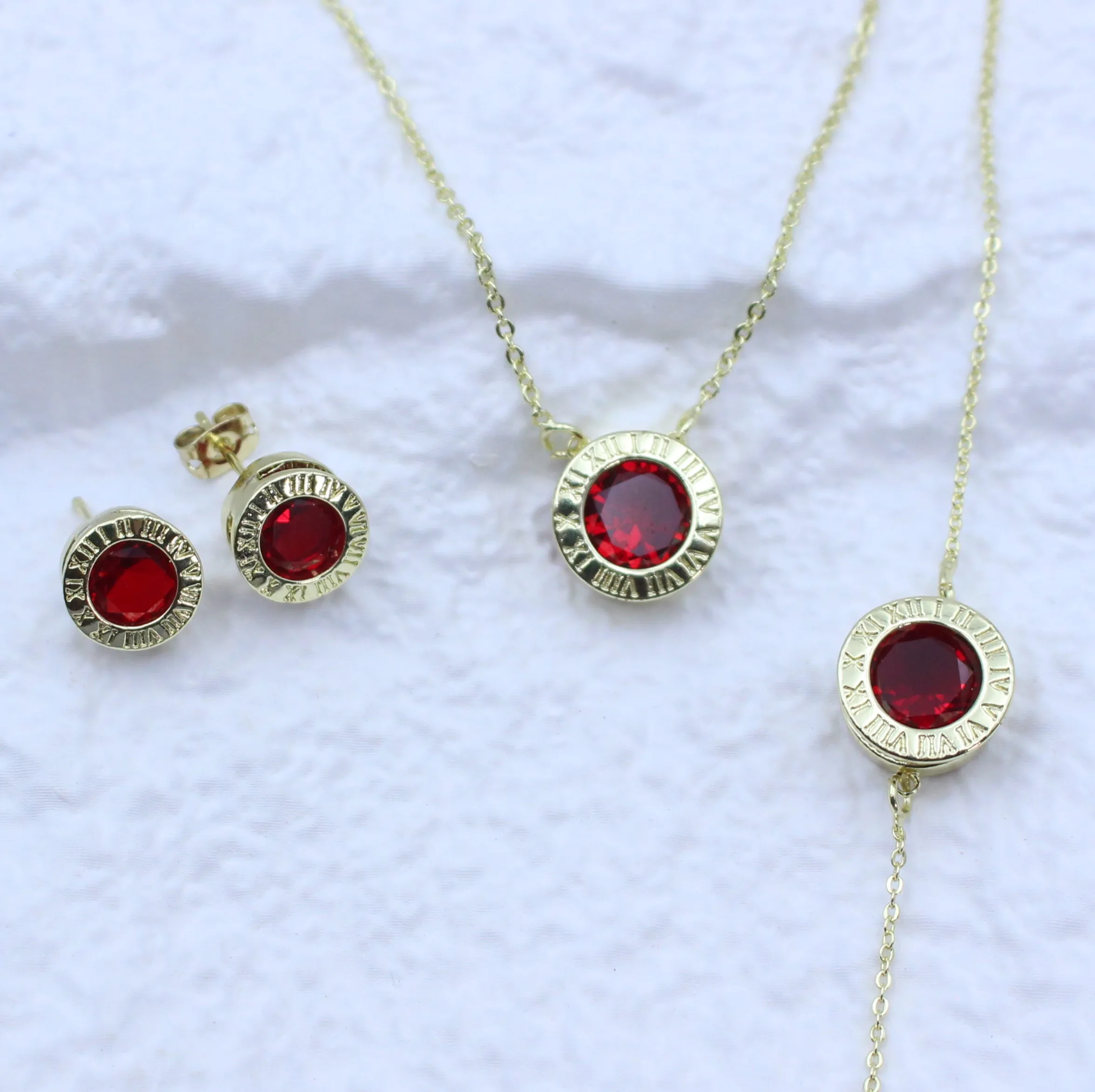 14k Gold Copper red zircon fashion wedding jewelry sets moroccan bridal  three piece branded jewelry set