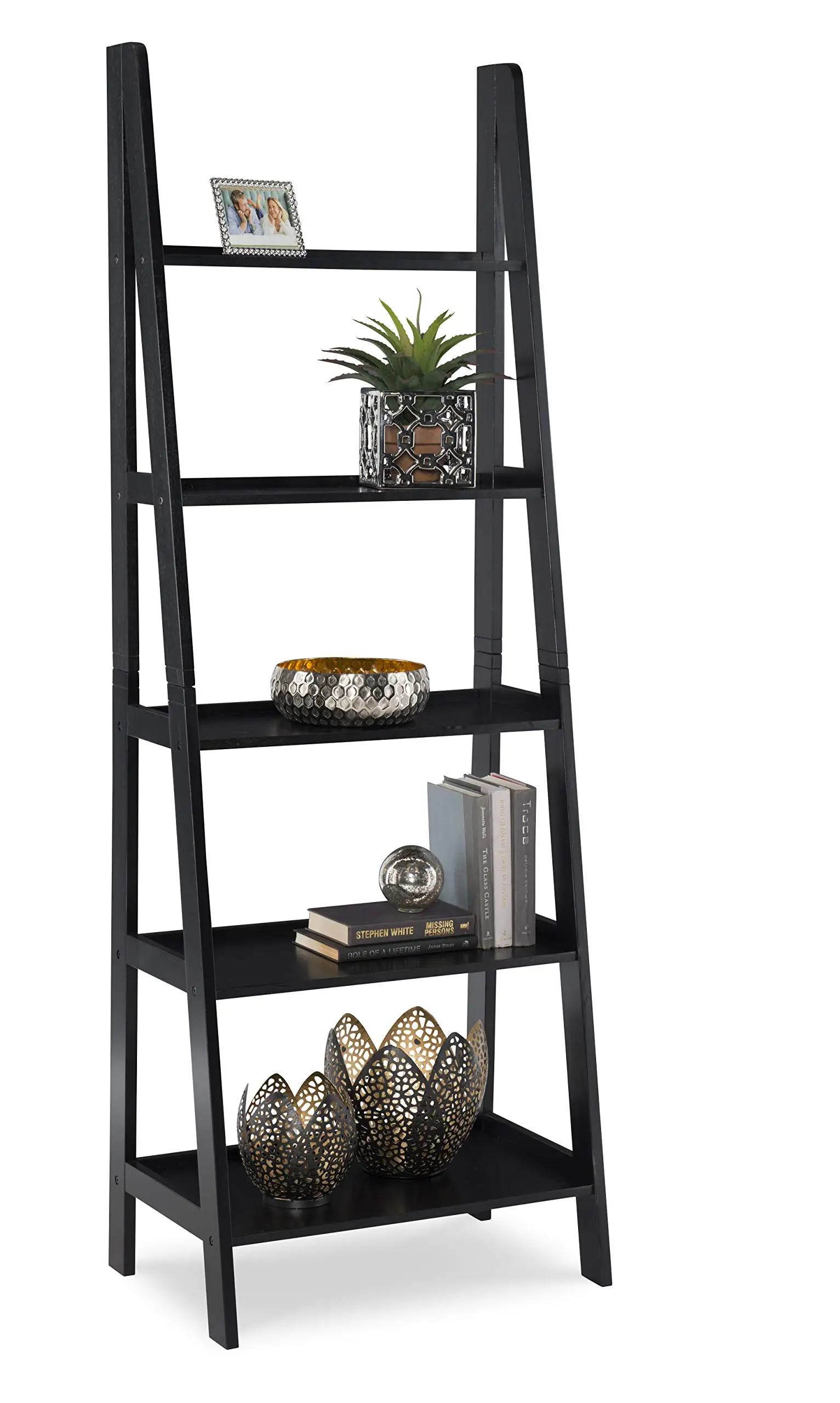 Hot Sale  Wooden White 5-tier Ladder Bookshelf Organizer Modern Bookcase With Solid Frame