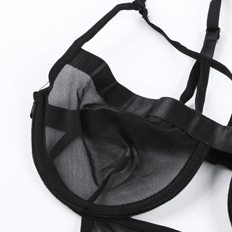 
2021 New Arrival Custom Black Mesh Knit Fitness Lace Deep V Neck One Piece Female Sexy Tops Body Suit For Women 