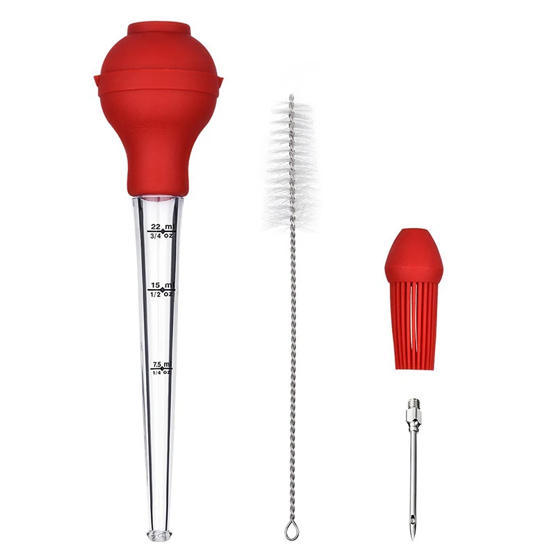 Meat Marinade Injection Cooking 4 Piece Set with BBQ Oil Brush Cleaning Brush Sauce Injection Needle Silicone Turkey Baster