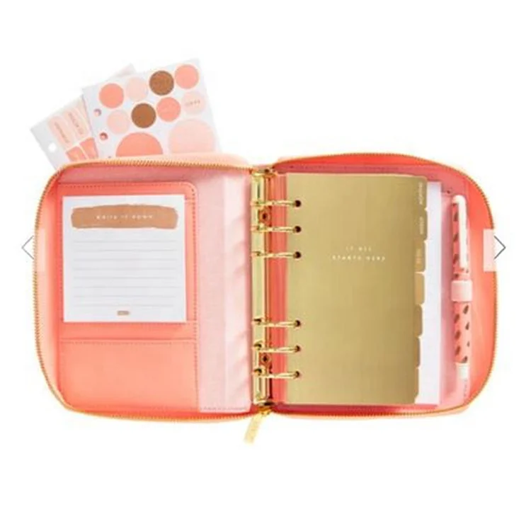 Custom Pu Leather Agenda A6 Organizer Weekly Diary Zipper Closure Organizer Agenda Card Holder Planner Leather Binders