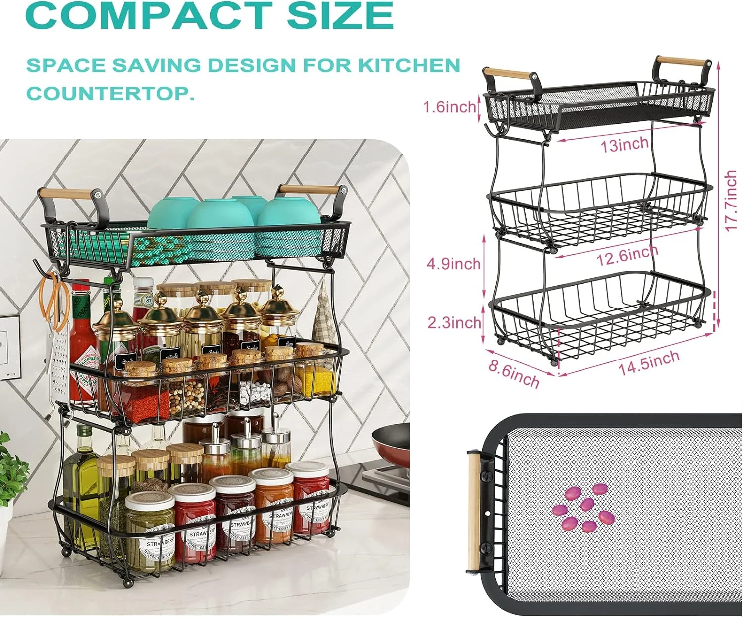Vegetable Countertop Produce Storage Holder Large Capacity Metal Wire Fruits Stand Organizer for Onion Potato Bread Snack Black
