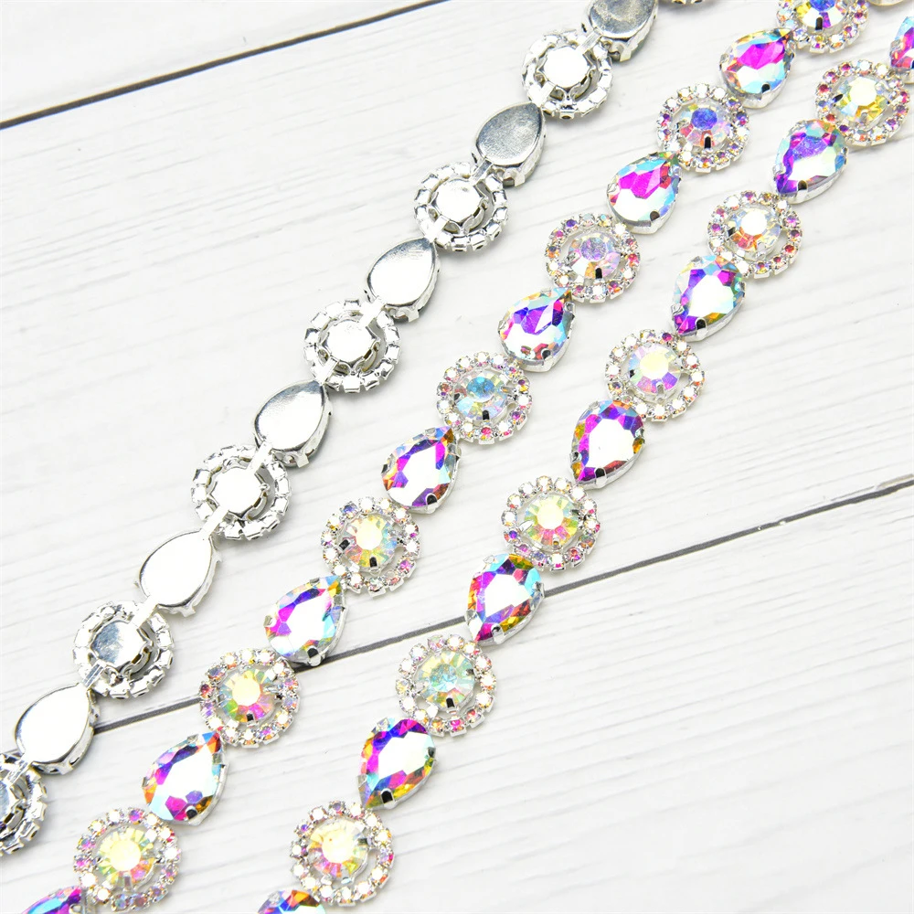 Water-Drop Sunflower Rhinestone Chain Trim 1.5cm Wide Sew-On Flower Crystal Chain for Dresses Costumes Jewelry Making & Crafts