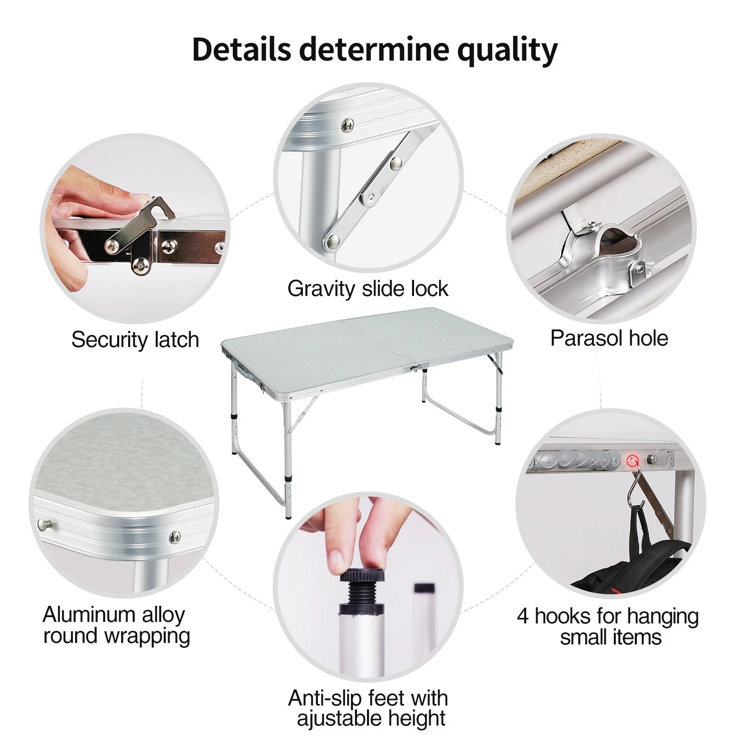 Hitree Outdoor Portable Lightweight MDF 1.2m Long 3 Heights Adjustable Picnic Camping Folding Aluminum Table