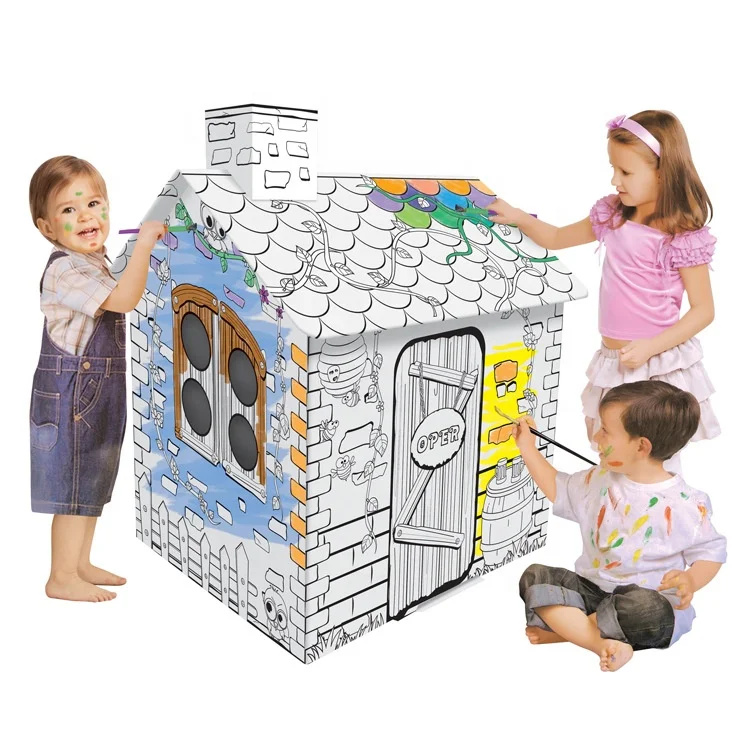 Playhouse Cardboard Coloring House for Kids DIY 3D Model for Indoor Outdoor Fun Color Draw Creative Doodle Decorate