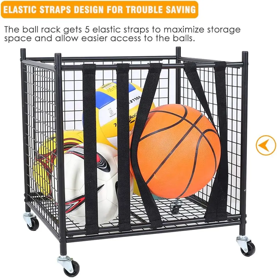 Sports Ball Storage Rolling Cart with Basket and Hooks Lockable Sports Ball Cage Storage Rack for Garages Playgroup Gym Schools
