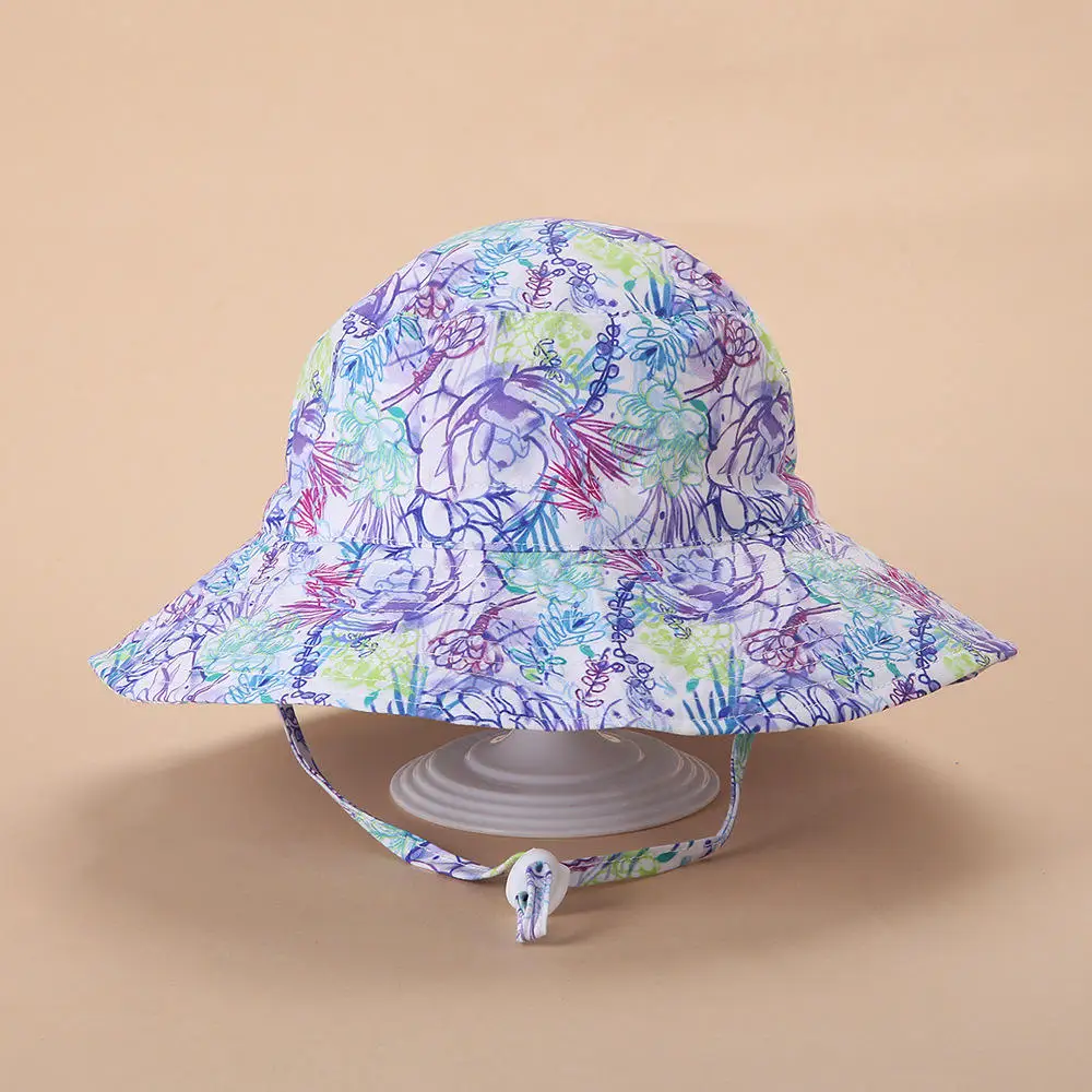 Wholesale Plain Printed Children Girl Summer Cotton Custom Baby Logo Sun Hat Cord Blank School With Strap Kid Bucket Hat
