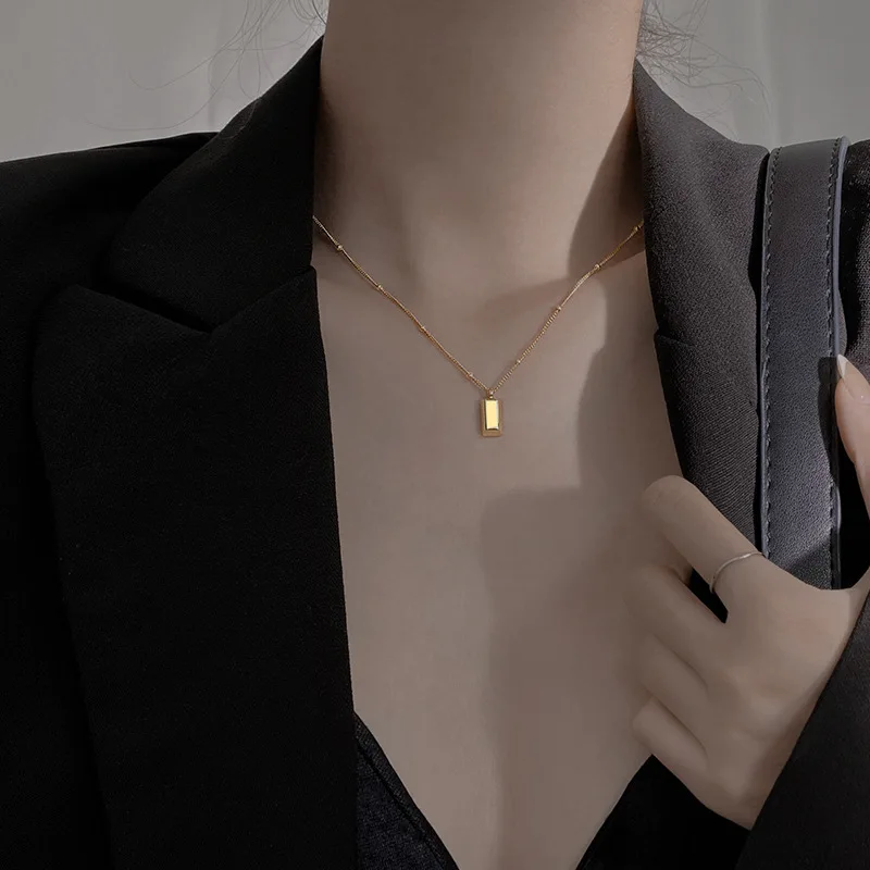 Rectangle gold bar necklace in 2022 new female sterling silver necklace female high design sense niche clavicle chain female