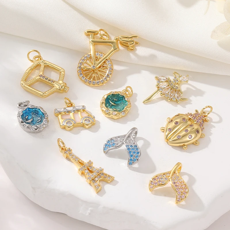 14K Gold Zircon Personalized Pendant Necklace Fish Tail Paris Eiffel Tower Ladybug DIY Accessories Jewelry Making Charms