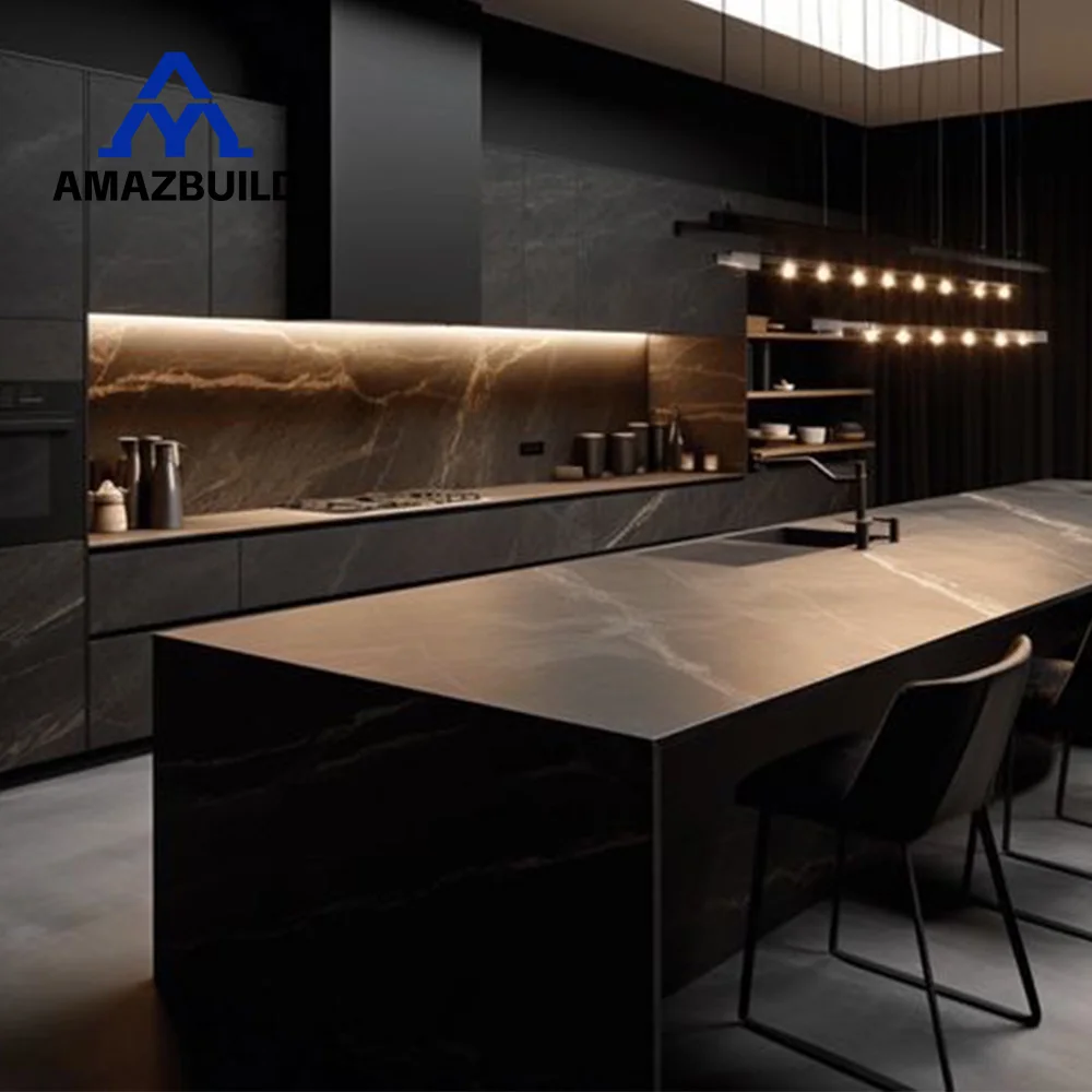 AMAZBUILD черный матовый готовый сборный безручный дешевый современный изготовленный на заказ кухонный шкаф для маленькой кухни