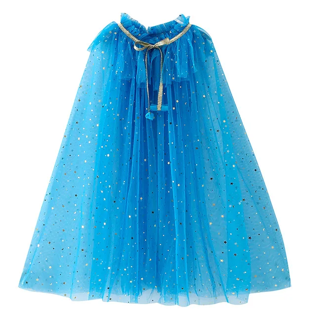 
Factory Price Tulle Stars Sequins Summer Thin Cloak with String Children Kids Fashion Cape Clothes Girl Elsa Princess Costume 