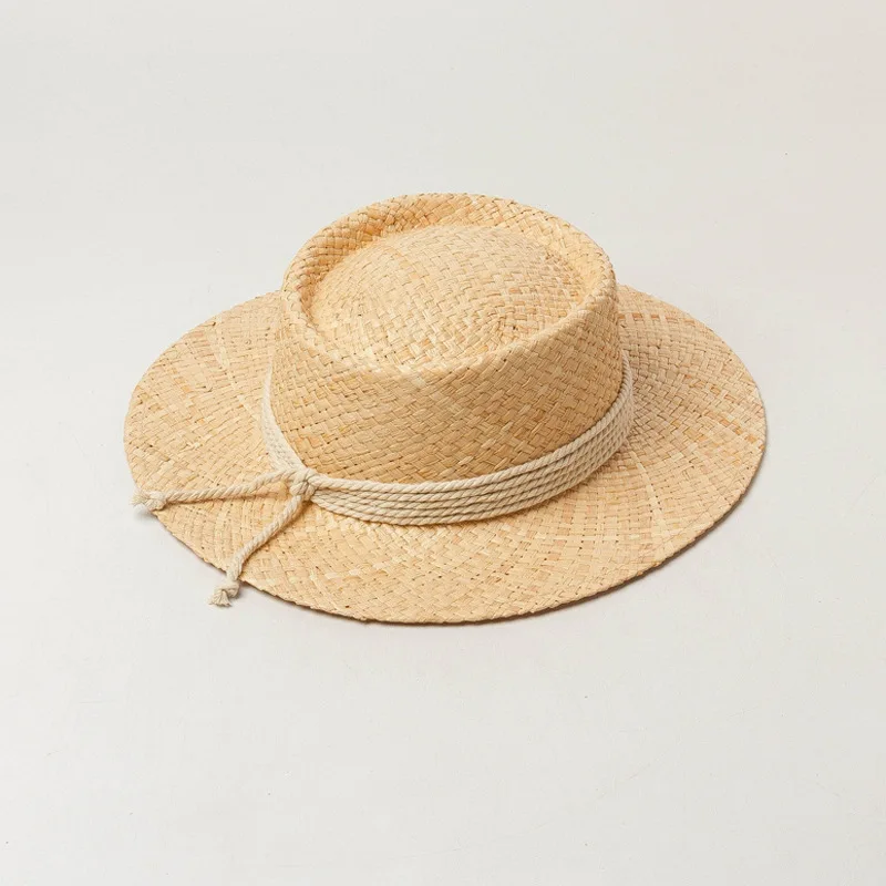 Crown Pork Pie Wide Flat Brim Straw Hat Featuring Layered Knotted Rope Band Summer Women Sombreros 2022