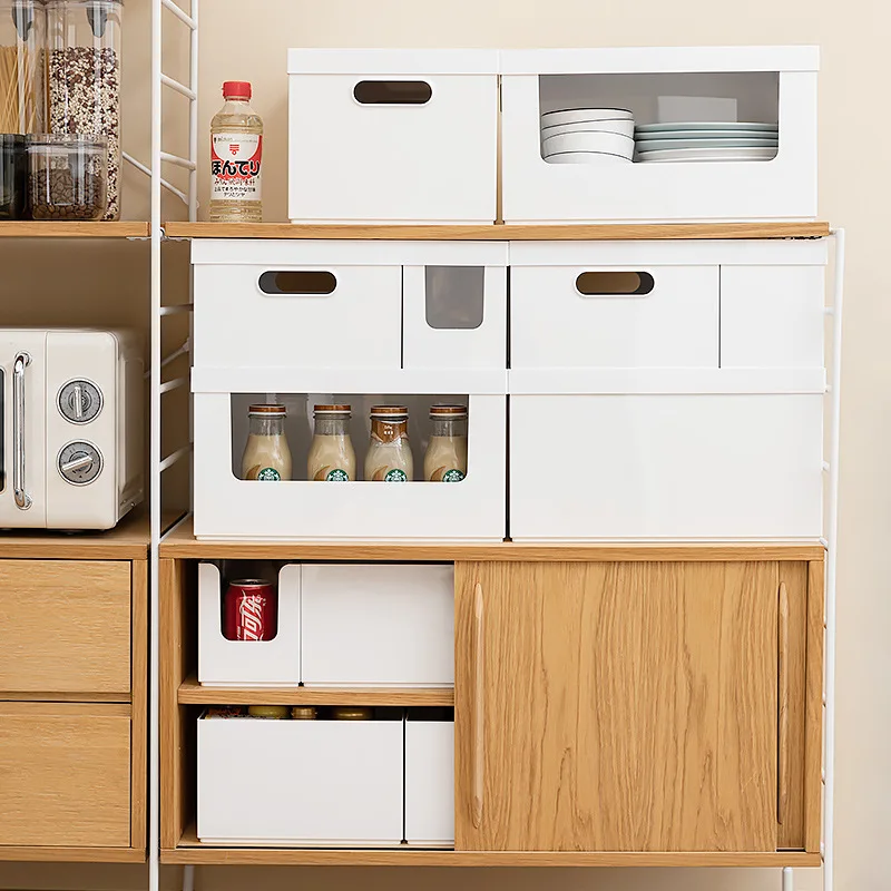 Japanese-style White PET Classification Plastic Desktop Cabinet Storage Box With Pulleys Shelf Desktop Storage Container Box