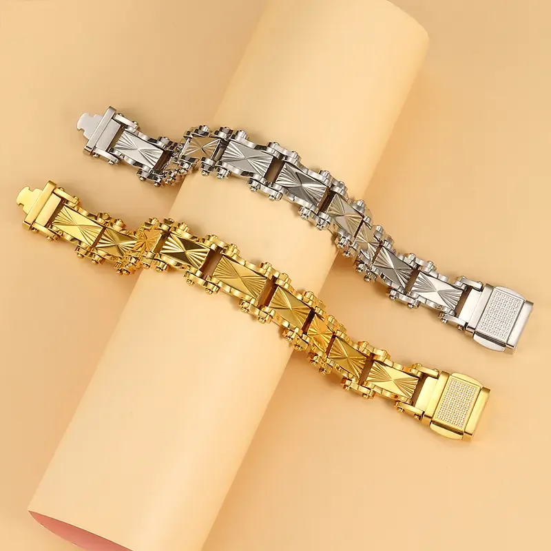 New Design Punk Rocker Motorcycle Chain Bangle 18k Gold Plated Stainless Steel Bike Chain Wide Side Bracelet