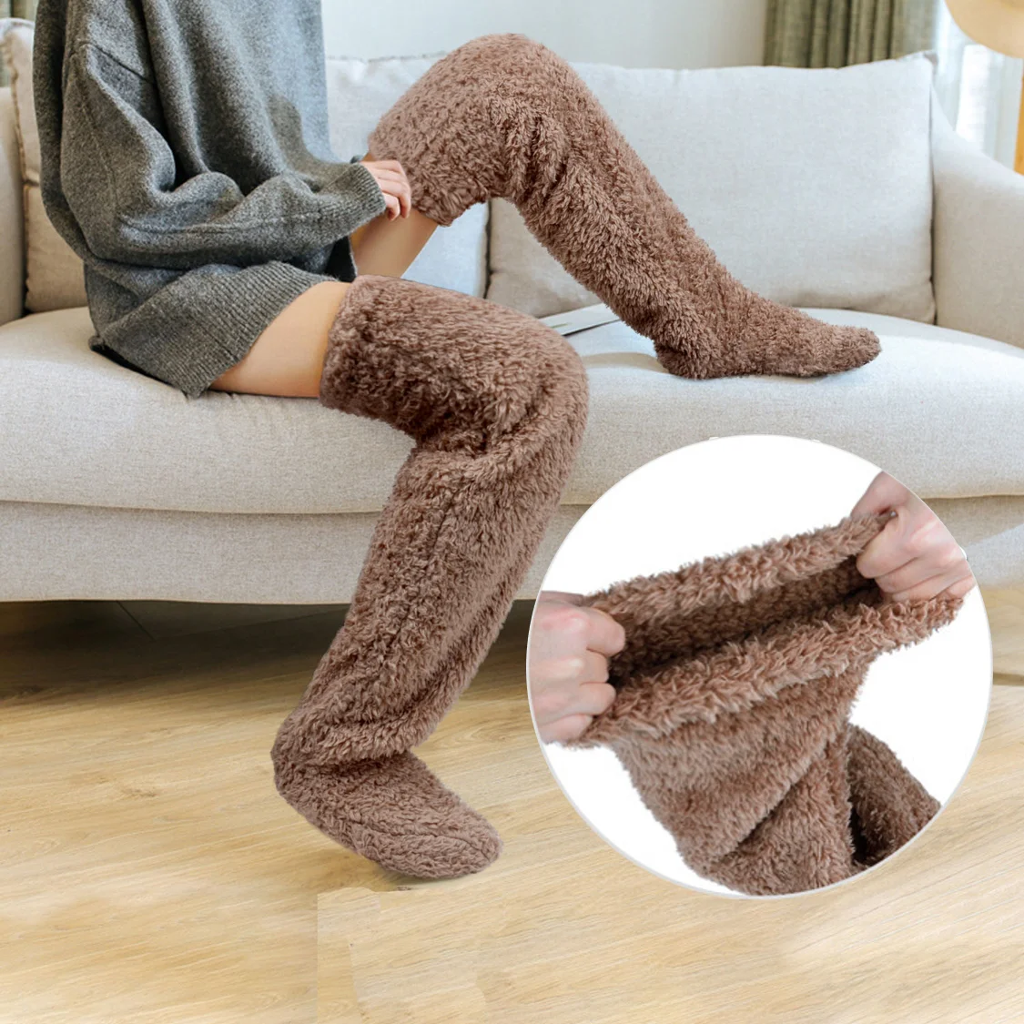 Over Knee High Socks Fuzzy Plush Slipper Stockings Furry Long Leg beauty feet knee foot tall Winter Home Sleeping Socks
