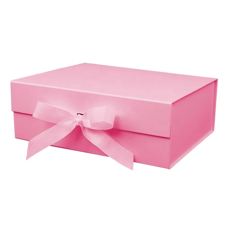Customized logo Pink Large Recyclable Rigid Cardboard Foldable Clothes/Shoes Packaging Luxury Magnetic Gift Box with Ribbon