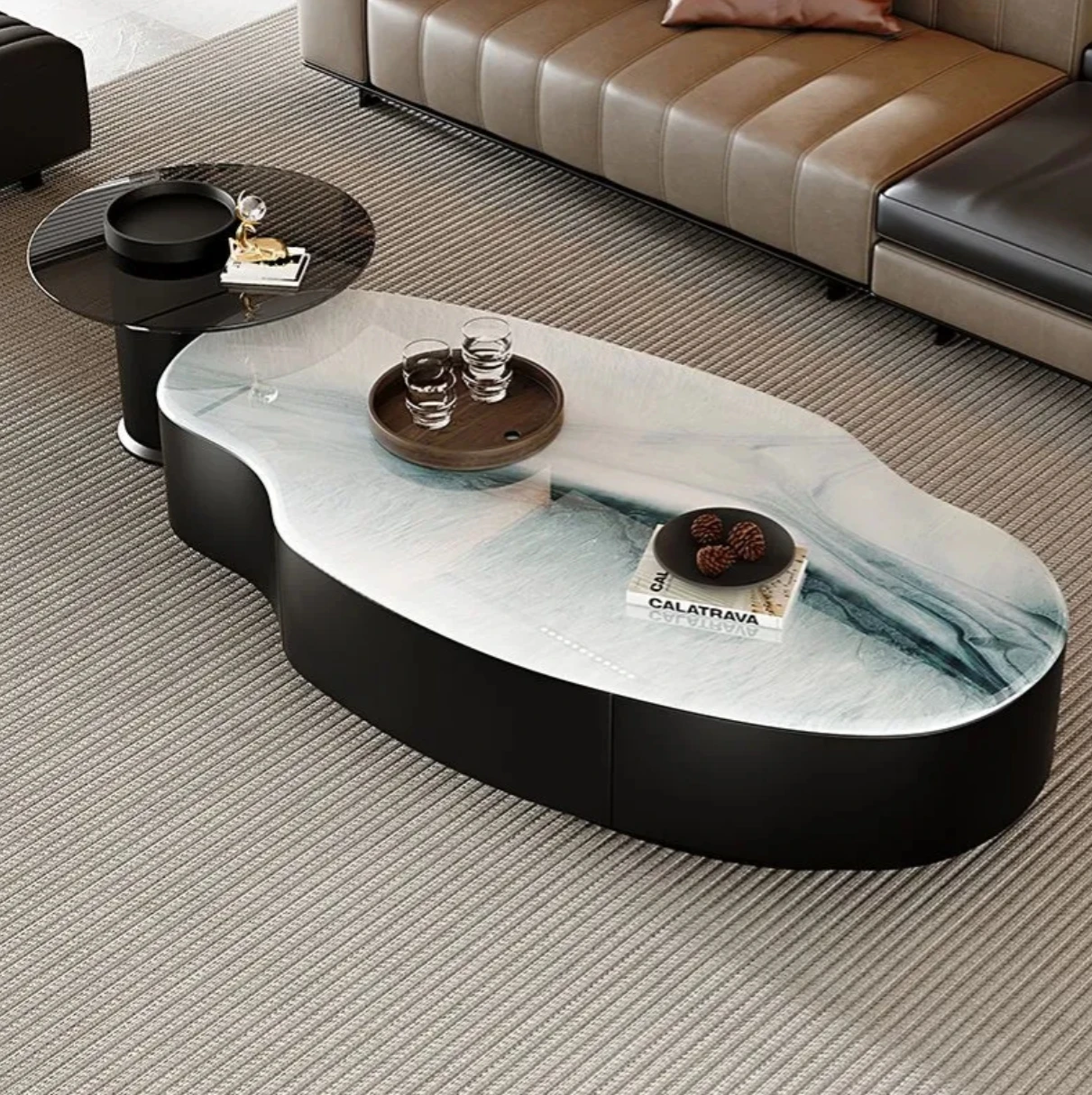 Luxury Center Table Modern Living Room Furniture Round Marble Top Stainless Steel Glass Coffee Table