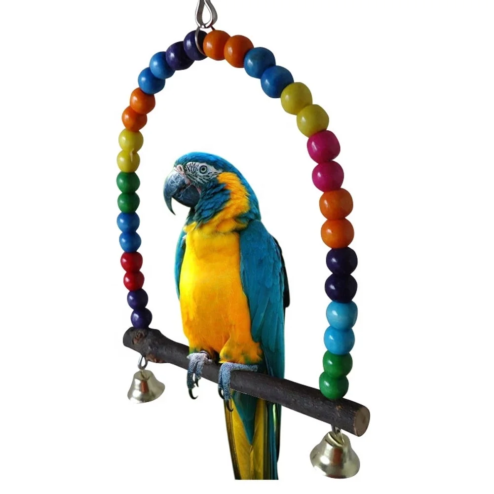 1 piece of natural wooden parrot swing toy bird colorful beads bird supplies bell toy bass hanging swing pet cage